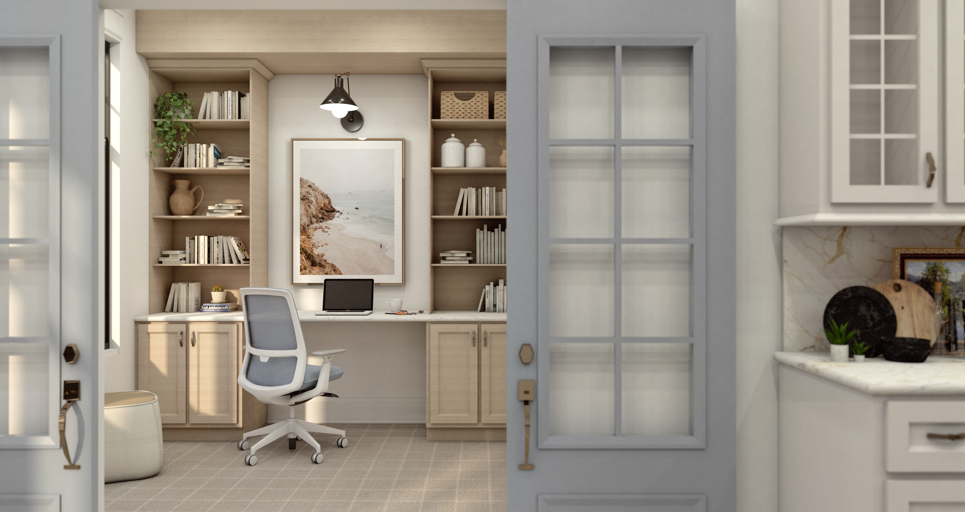 Modern home office with ergonomic chair, built-in wood shelves, and coastal wall art.